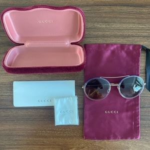 GUCCI GG0061S 023 Round Oval Gold Shiny Gold Blue 56 mm Women's Sunglasses